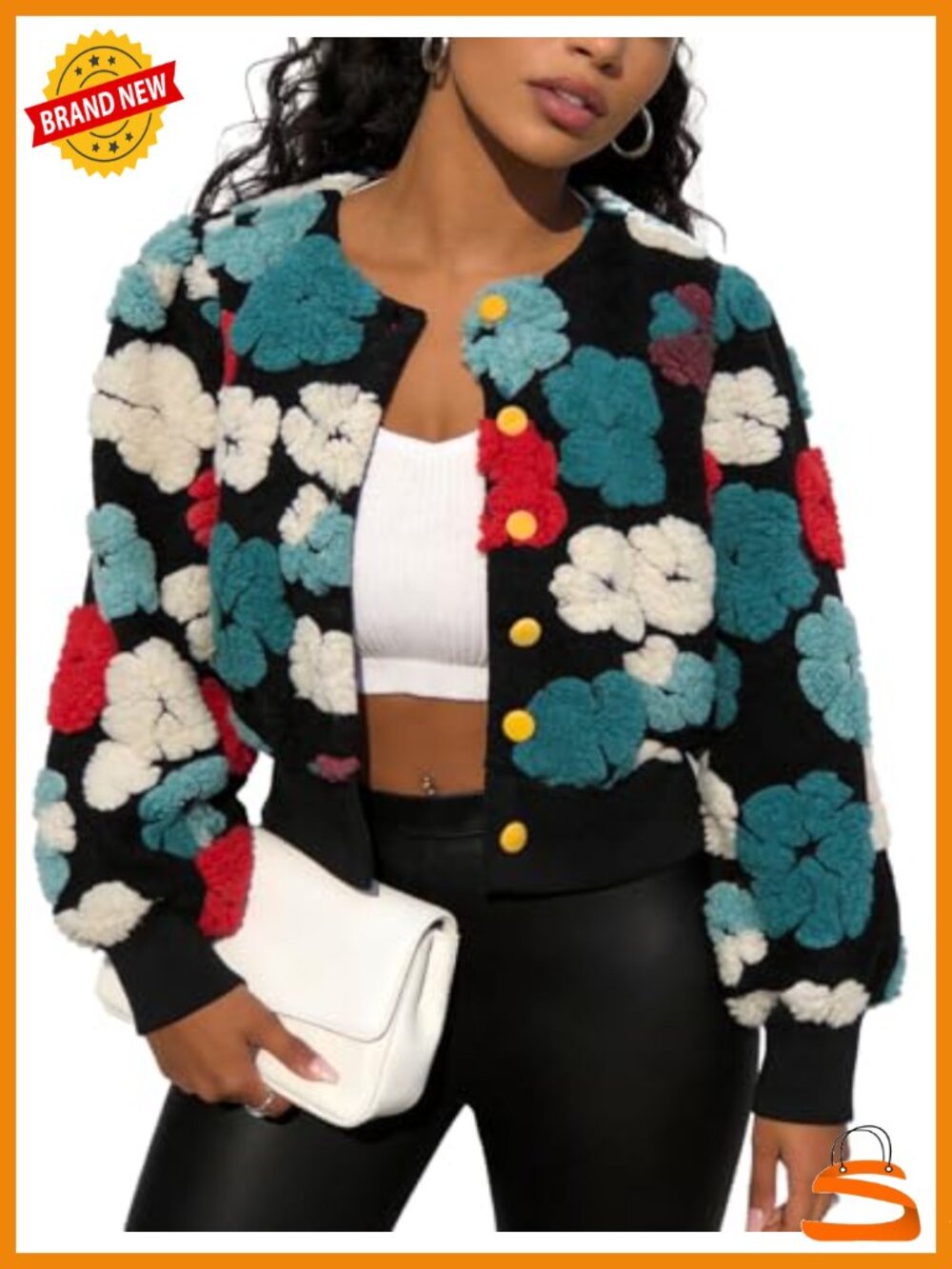 Women's Cropped Floral Fleece Bomber Jacket Button Down Warm Fall